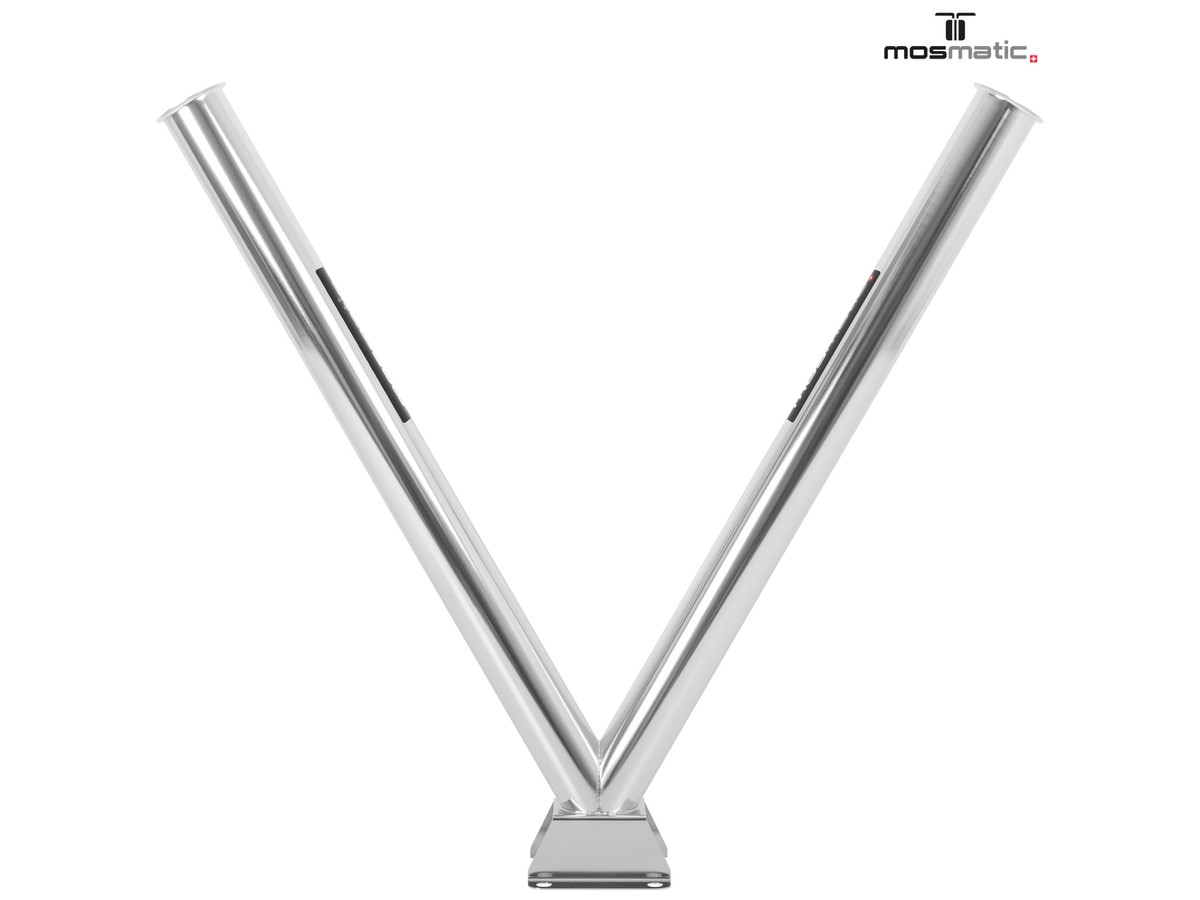 Support en V pour 2 lances, fixation au sol avec raccord de fuite
